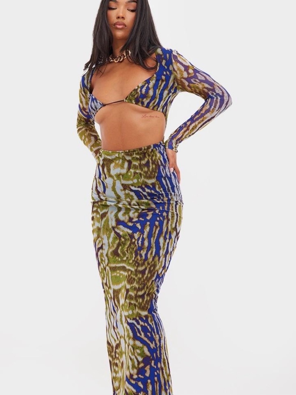 PrettyLittleThing Blue & Olive Abstract Cutout Maxi Dress
